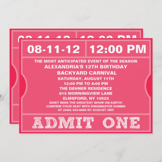 ピンクは1つのチケットの招待状の誕生会を是認します 招待状 (正面/裏面)