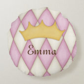 ピンクひし形チェック名パーソナライズされたプリンセス ラウンドクッション (裏面)