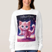 ピンクふわふわのかわいい猫サーレアルな青い目スタイル スウェットシャツ (正面)