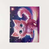 ピンクふわふわのかわいい猫サーレアルな青い目スタイル タペストリー (正面)