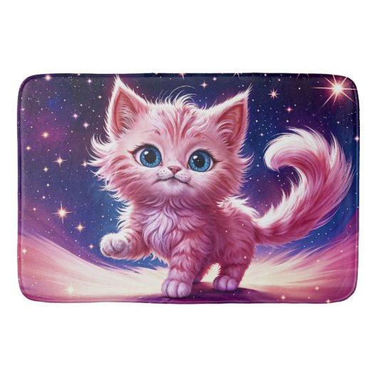 ピンクふわふわのかわいい猫サーレアルな青い目スタイル バスマット (正面)