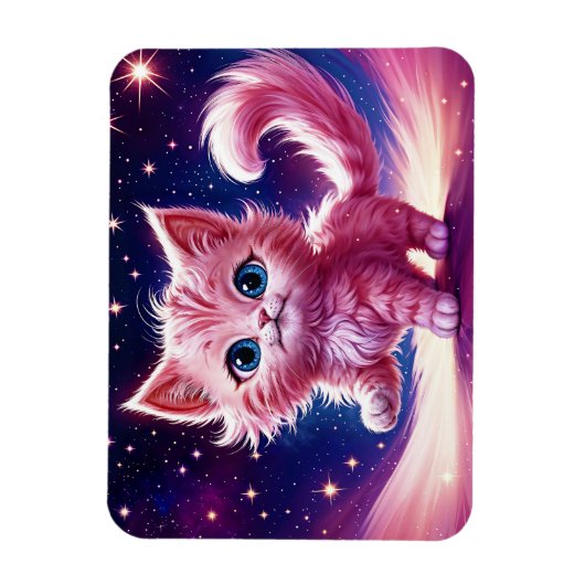 ピンクふわふわのかわいい猫サーレアルな青い目スタイル マグネット (縦)