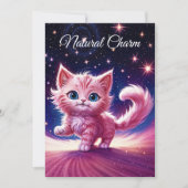 ピンクふわふわのかわいい猫サーレアルな青い目スタイル 招待状 (正面)