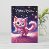 ピンクふわふわのかわいい猫サーレアルな青い目スタイル 招待状 (スタンド正面)