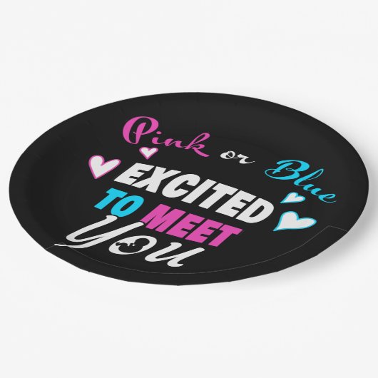 ピンクまたはブルーがベビー性リビールに興奮 ペーパープレート (アングル)