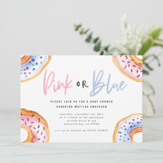 ピンクまたはブルーのドーナツの赤ちゃんシャワー 案内状 (スタンド正面)