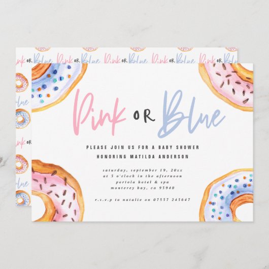 ピンクまたはブルーのドーナツの赤ちゃんシャワー 案内状 (正面/裏面)