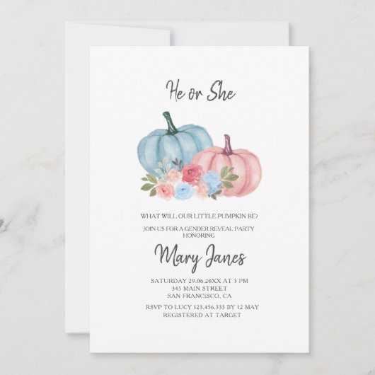 ピンクまたはブルーのフローラカボチャ性別の表示 招待状 (正面)