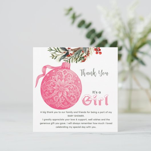 ピンクまたはブルーの冬の性別を表示パーティーありがとう サンキューカード (スタンド正面)