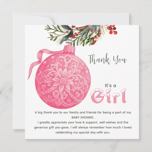 ピンクまたはブルーの冬の性別を表示パーティーありがとう サンキューカード (正面)