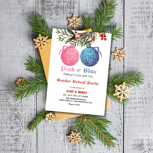 ピンクまたはブルーの冬の性別発表パーティー招待状 招待状