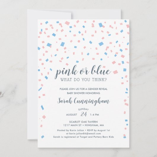 ピンクまたはブルーの性別が紙吹雪の赤ちゃんシャワーを明らかにする 招待状 (正面)