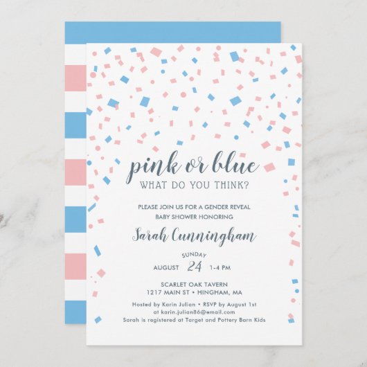 ピンクまたはブルーの性別が紙吹雪の赤ちゃんシャワーを明らかにする 招待状 (正面/裏面)