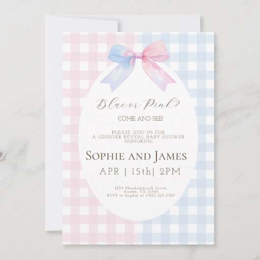 ピンクまたはブルーの性別が赤ちゃんシャワーを明らかにする招待状 招待状 (正面)