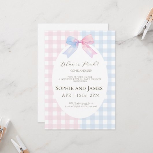 ピンクまたはブルーの性別が赤ちゃんシャワーを明らかにする招待状 招待状 (正面/裏面インサイチュ)