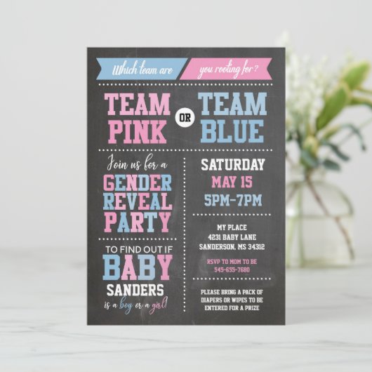 ピンクまたはブルーの性別が黒板を明らかにする 招待状 (スタンド正面)