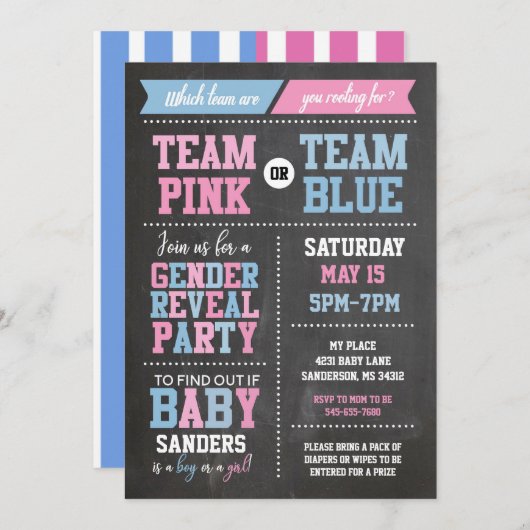 ピンクまたはブルーの性別が黒板を明らかにする 招待状 (正面/裏面)