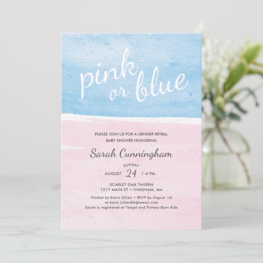 ピンクまたはブルーの水色ジェンダーが赤ちゃんのシャワーを明らかにする 招待状 (スタンド正面)