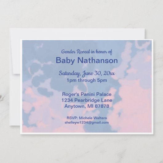 ピンクまたはブルーの絞り染め性別リビール招待状 招待状 (裏面)