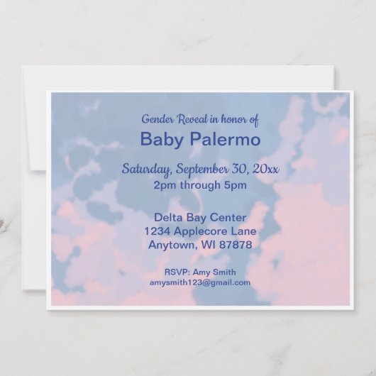 ピンクまたはブルーの絞り染め性別リビール招待状 招待状 (裏面)