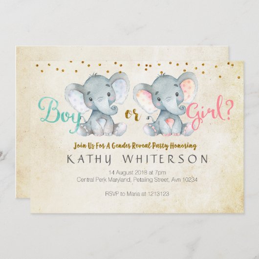 ピンクまたはブルーの象の性別が招待状を明かす 招待状 (正面/裏面)