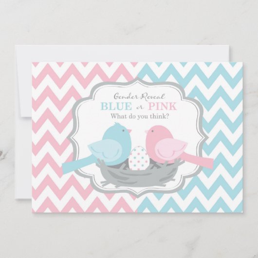 ピンクまたはブルーの鳥とシェブロンの性別のリビール 招待状 (正面)