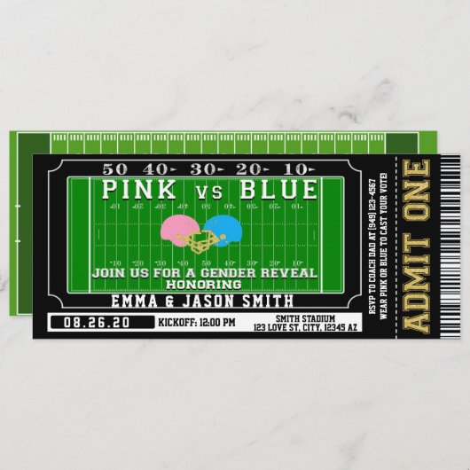 ピンクまたはブルーサッカーチケットベビージェンダーリビール 招待状 (正面/裏面)