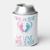 ピンクまたはブルー私たちはあなたを愛するベビー性別リビールギフト 缶クーラー (缶正面)