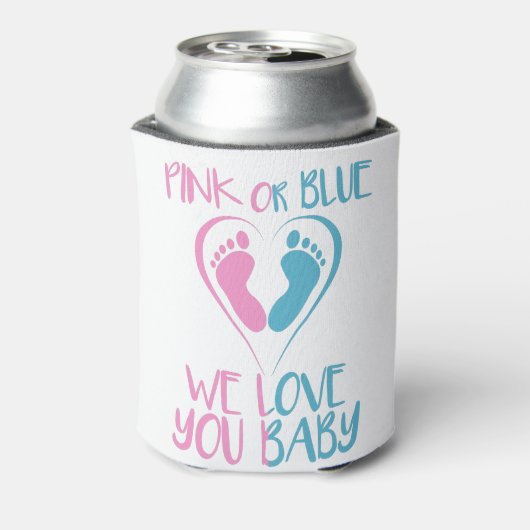 ピンクまたはブルー私たちはあなたを愛するベビー性別リビールギフト 缶クーラー (缶裏面)