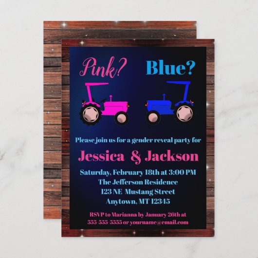 「ピンクまたはブルー」トラクター農場スタイル性別開示 招待状 (正面/裏面)