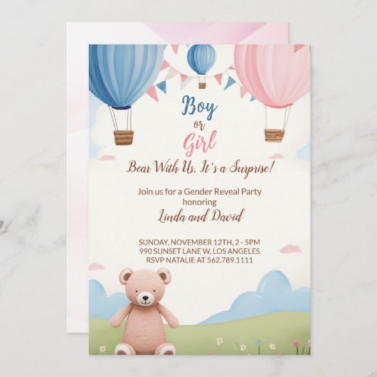 ピンクまたはブルー:男の子または女の子テディベア赤ちゃんシャワー 招待状 (正面/裏面)
