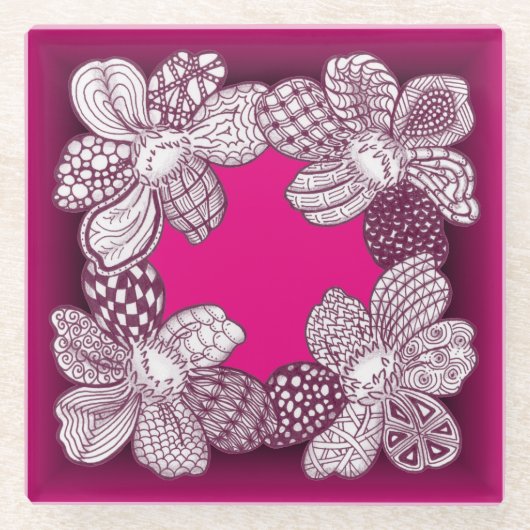 ピンクまたは任意のカスタムカラーの落書き花 ガラスコースター (正面)