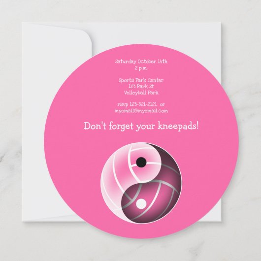 ピンクまたは任意の色の陰陽バレーボール誕生日 案内状 (裏面)