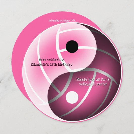 ピンクまたは任意の色の陰陽バレーボール誕生日 案内状 (正面/裏面)
