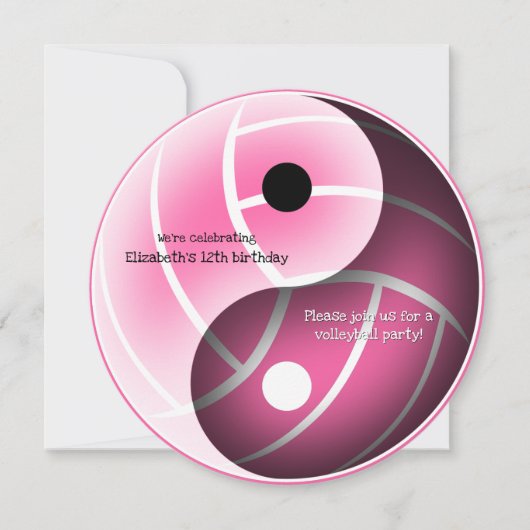 ピンクまたは任意の色の陰陽バレーボール誕生日 案内状 (正面)