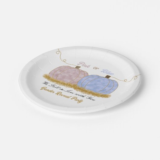 ピンクまたは青かぼちゃジェンダー表示パーティの招待状 ペーパープレート (アングル)