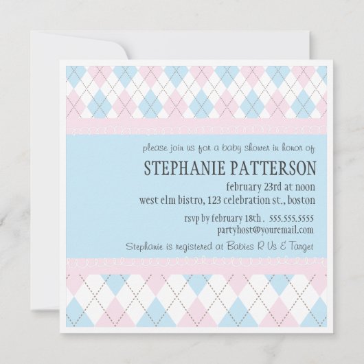 ピンクまたは青の中性アーガイル柄のの男の子のベビーシャワー 招待状 (裏面)
