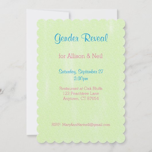 ピンクまたは青の性別の表示 招待状 (裏面)