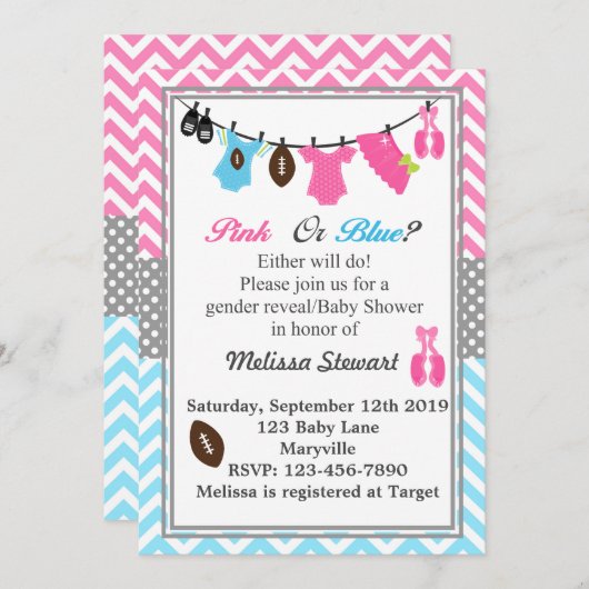 ピンクまたは青の性別の表示 招待状 (正面/裏面)