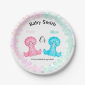 ピンクまたは青の恐竜の赤ちゃんシャワー性別リビール ペーパープレート (正面)