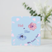 ピンクまたは青の水色の花のカスタム性別 招待状 (スタンド正面)