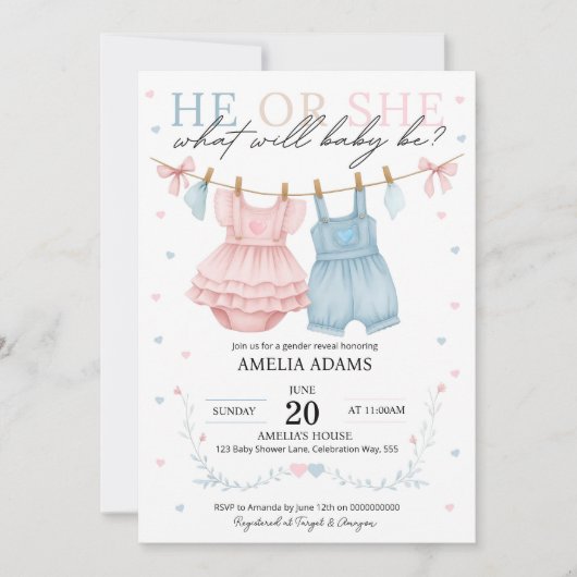 ピンクまたは青の赤ちゃん服ジェンダーリビール招待状 招待状 (正面)