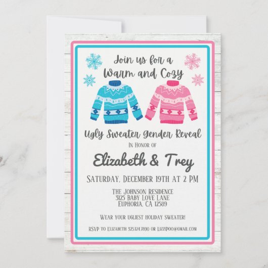 ピンクまたは青の醜いセーターのクリスマスジェンダーが明らかになる 招待状 (正面)
