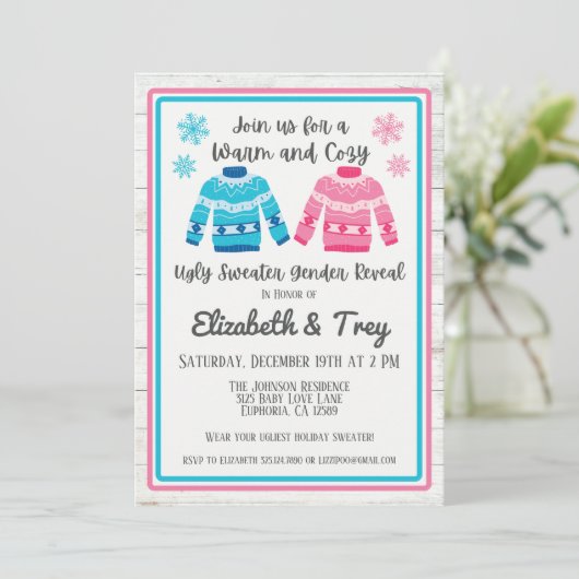 ピンクまたは青の醜いセーターのクリスマスジェンダーが明らかになる 招待状 (スタンド正面)