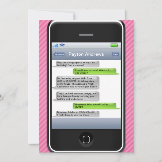 ピンクまたは黒の頭が切れるな電話iParty誕生会 招待状 (正面)