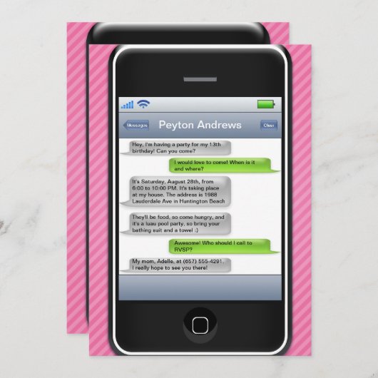 ピンクまたは黒の頭が切れるな電話iParty誕生会 招待状 (正面/裏面)