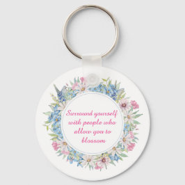 ピンクやる気を起こさせるホワイトブルーフローラリース キーホルダー