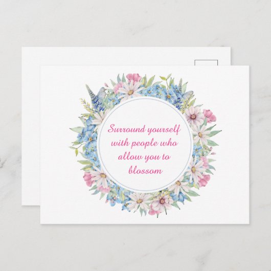 ピンクやる気を起こさせるホワイトブルーフローラリース ポストカード (正面/裏面)