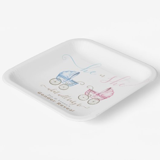 ピンクやブルーのベビーカーが性別を明かす ペーパープレート (傾斜あり)