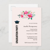 ピンクよくはしゃぐかわいらしの花の卒業パーティー インビテーションポストカード (正面/裏面)